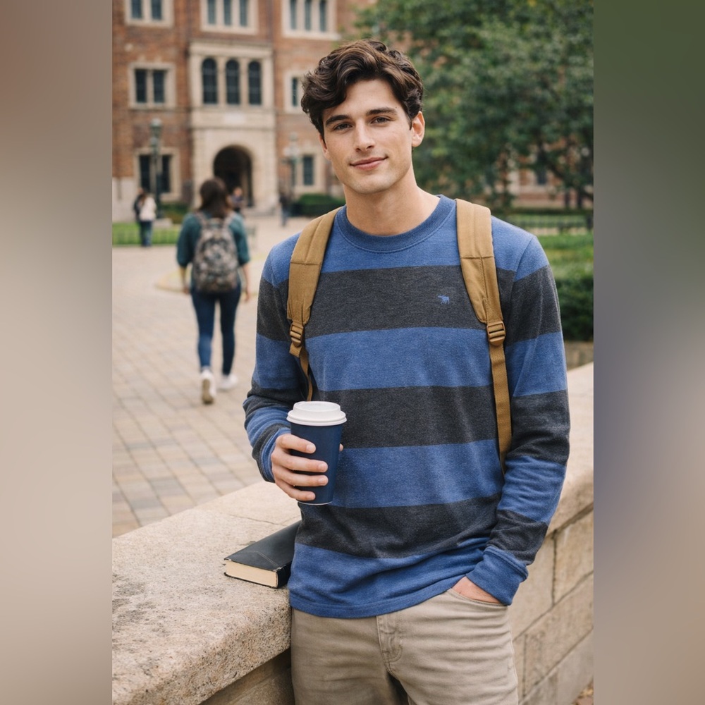 Abercrombie & Fitch Men’s Medium Blue Gray Striped Long Sleeve Crewneck Tee